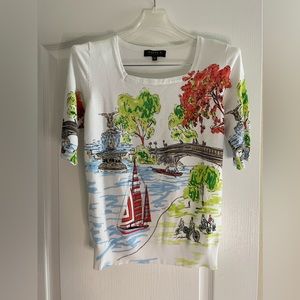 Joseph A Womens M White/Multicolor Short Sleeve Knit Top Countryside/Lake/Beach